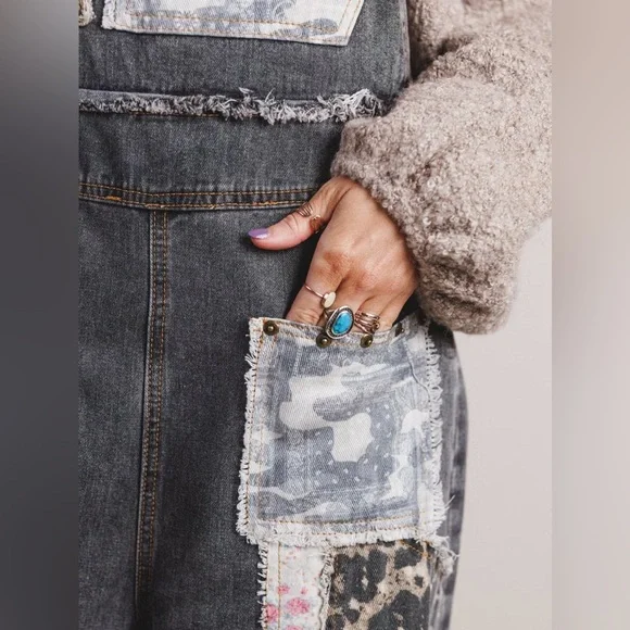 POL Patchwork Leopard Print Floral Camo Patch Boho Overalls - Picture 6 of 16